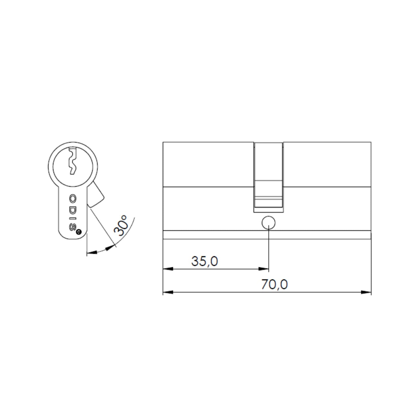 Cilindro Odis Llave-Llave Estándar 70mm Plata Satinado 6 Combinaciones