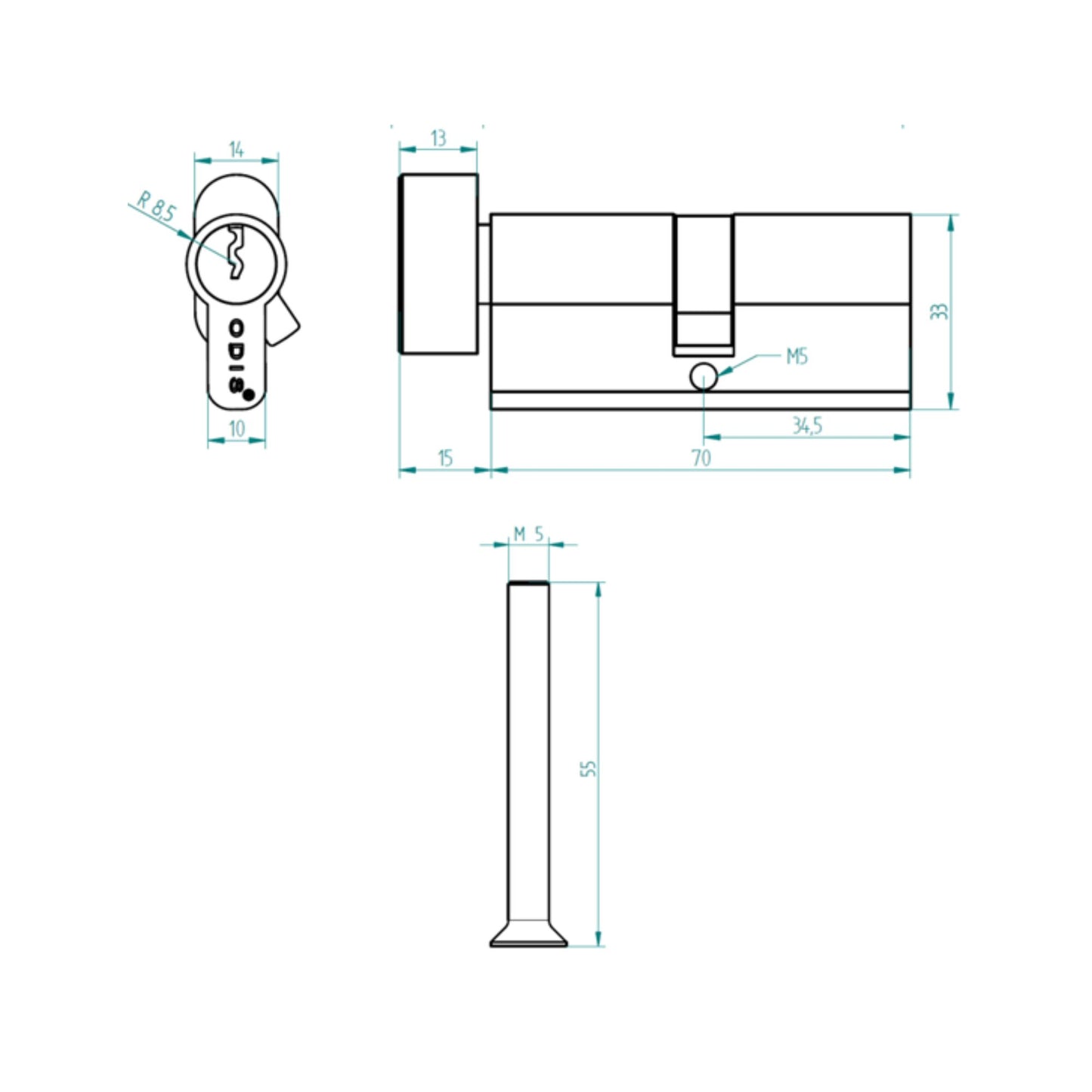 Cilindro Odis Llave-Seguro 70mm - Niquél Satinado