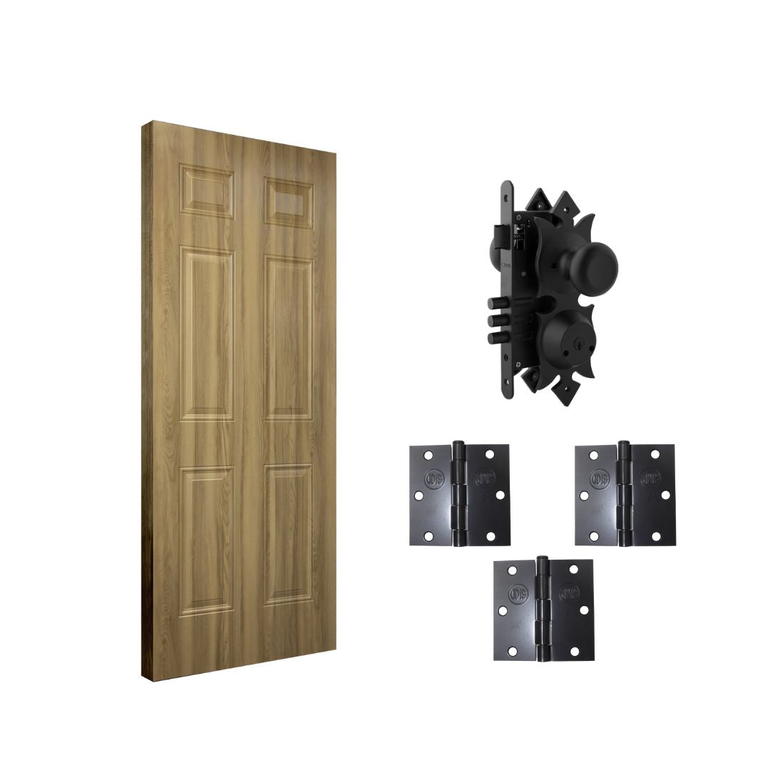 Pack Colonial Maple: Puerta Metálica 80x200cm + Cerradura Embutir 206 Acceso + 3 Bisagras Negras