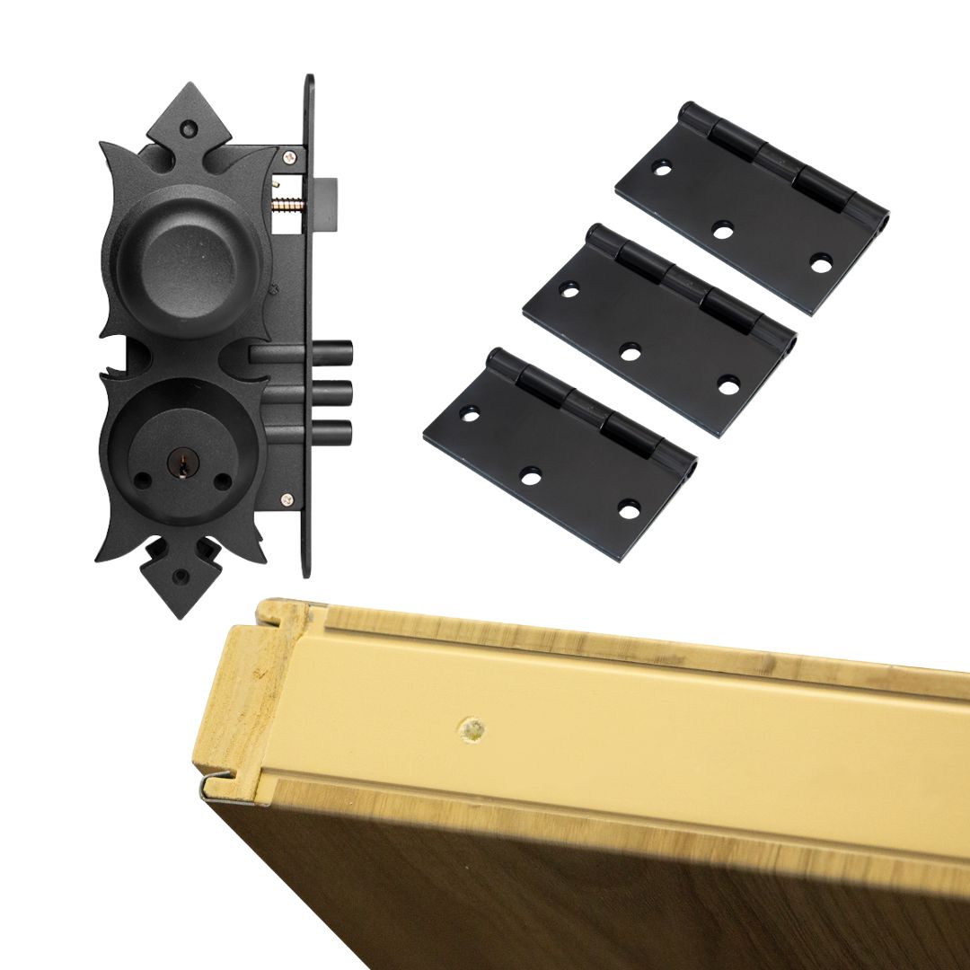 Pack Colonial Maple: Puerta Metálica 80x200cm + Cerradura Embutir 206 Acceso + 3 Bisagras Negras