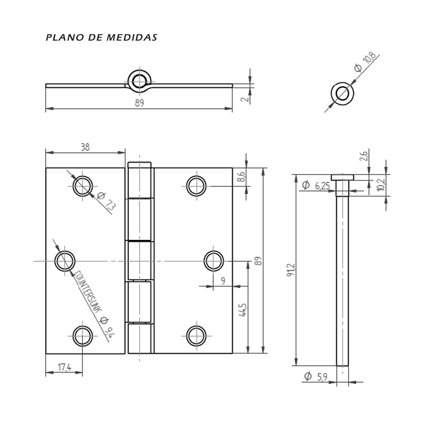 Pack 2 Bisagras Acero Odis 3,5×3,5×20 Canto Recto - Plata