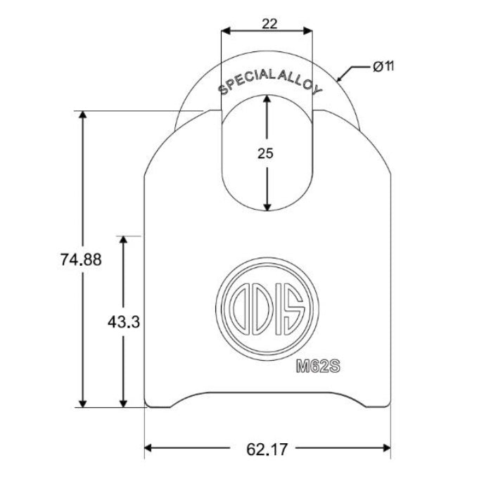 Candado Odis M62SC 62mm con clave y hombros
