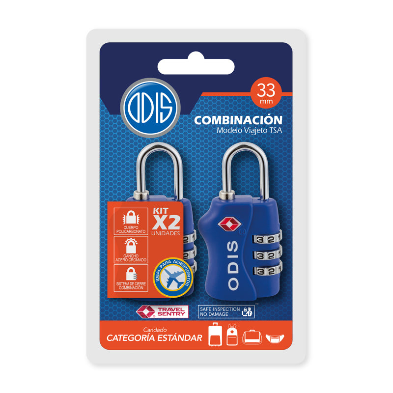 Pack Viajero: 2 Candados Odis TSA Maleta Viaje con clave - Azul