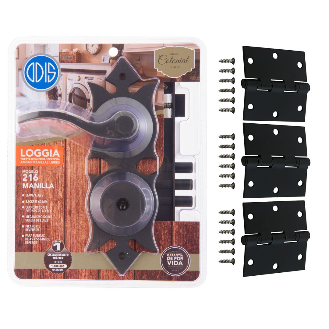 Kit Colonial: Cerradura Manilla Interior 216 + 3 Bisagras Negras 3"x3"x2mm