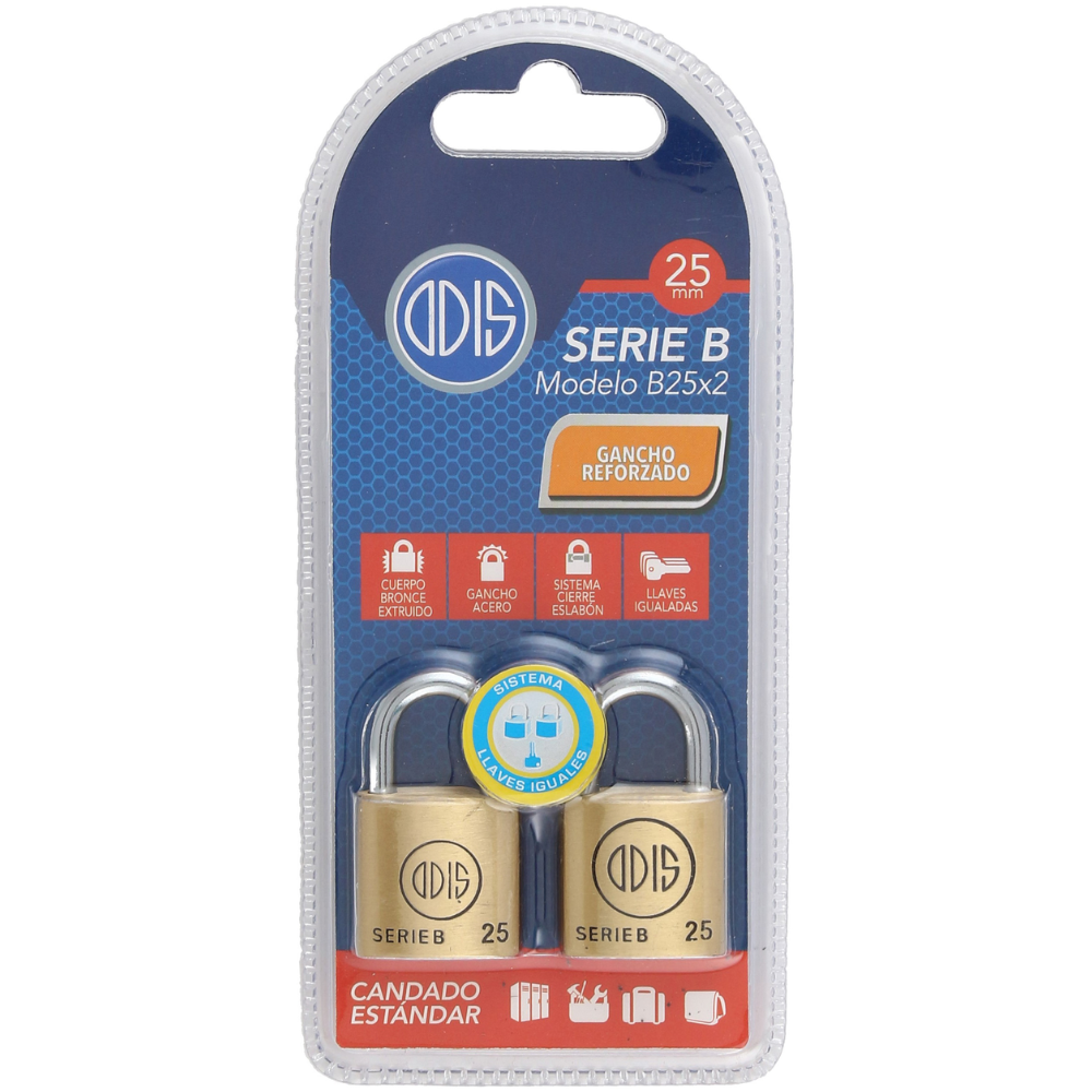 Pack 2 Candados Odis Serie B 25mm - Llaves Iguales