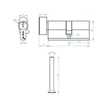 Cilindro Odis Llave-Seguro 70mm - Niquél Satinado