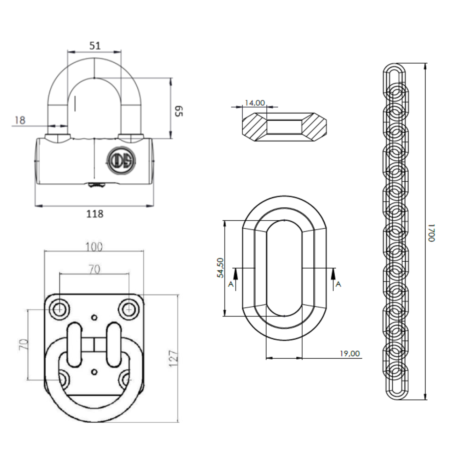 Kit Moto Odis: Candado ULock + Cadena 14mm X 1.70mt con Soporte a piso