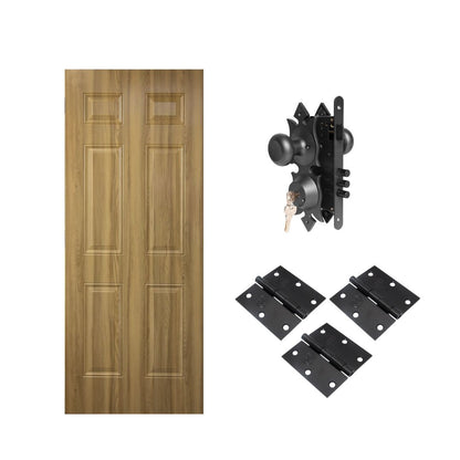 Pack Colonial Maple: Puerta 80x200cm + Cerradura Embutir 206 Acceso + 3 Bisagras Negras