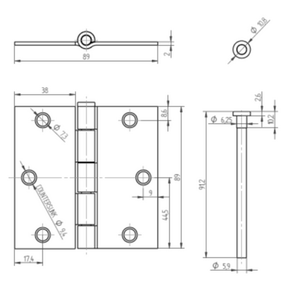 Pack 2 Bisagras Acero Odis 3,5x3,5x20 Canto Recto Bronce