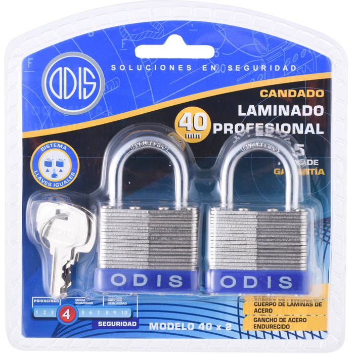 Pack 2 Candados Odis Laminado 40mm - Llaves Iguales