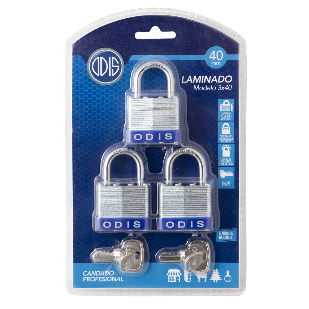 Pack 3 Candados Laminado Odis 40mm - Llaves Iguales