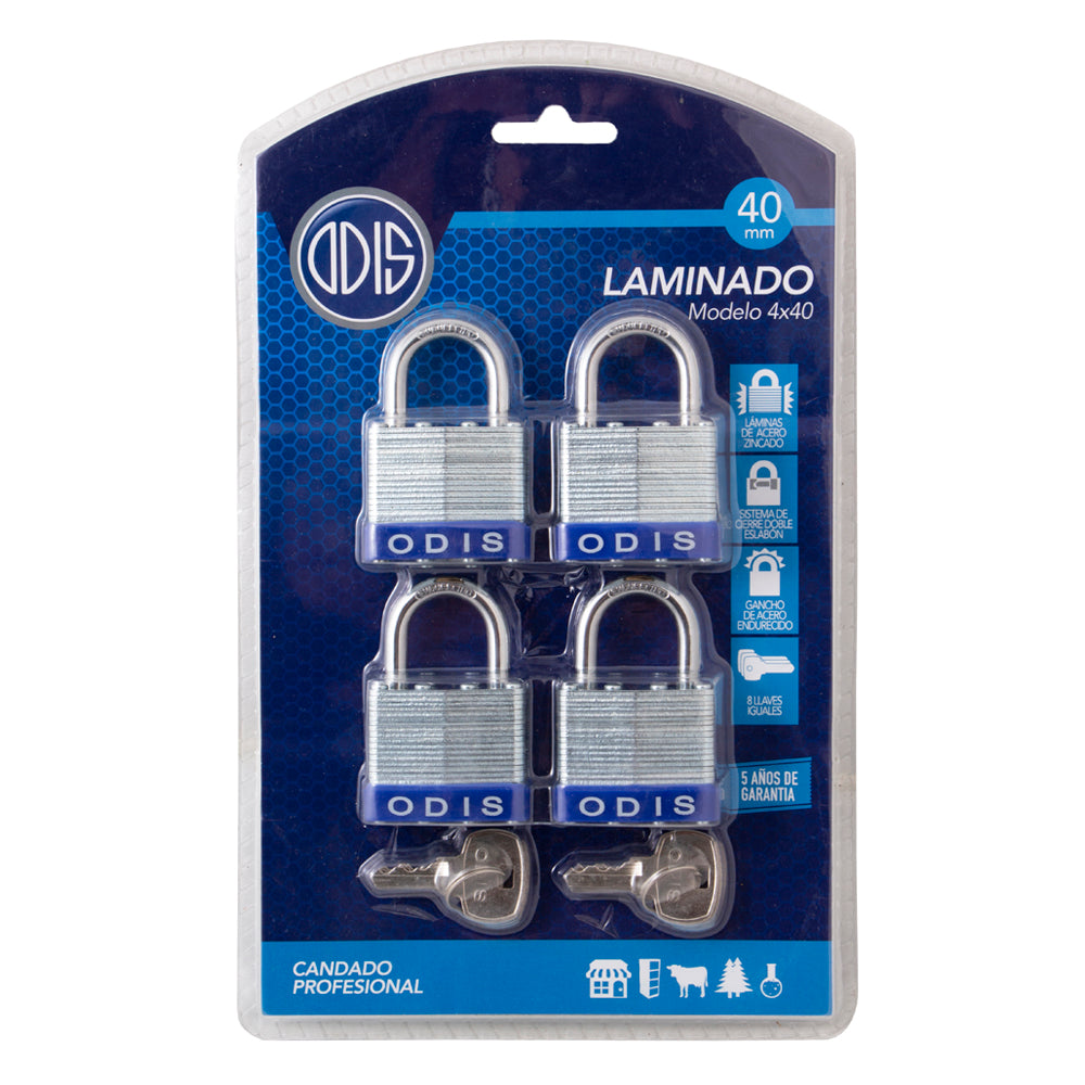 Pack 4 Candados Laminado Odis 40mm - Llaves Iguales