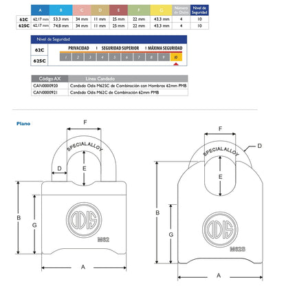 Candado Odis M62C 62mm Combinación