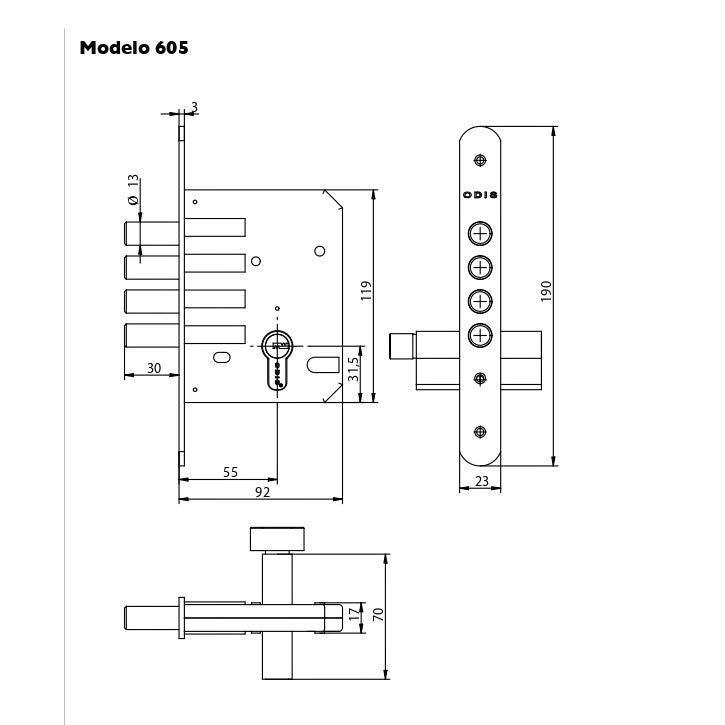 Cerrojo Embutir Odis 605 Llave-Seguro - Plata