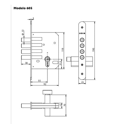 Cerrojo Embutir Odis 605 Llave-Seguro - Plata