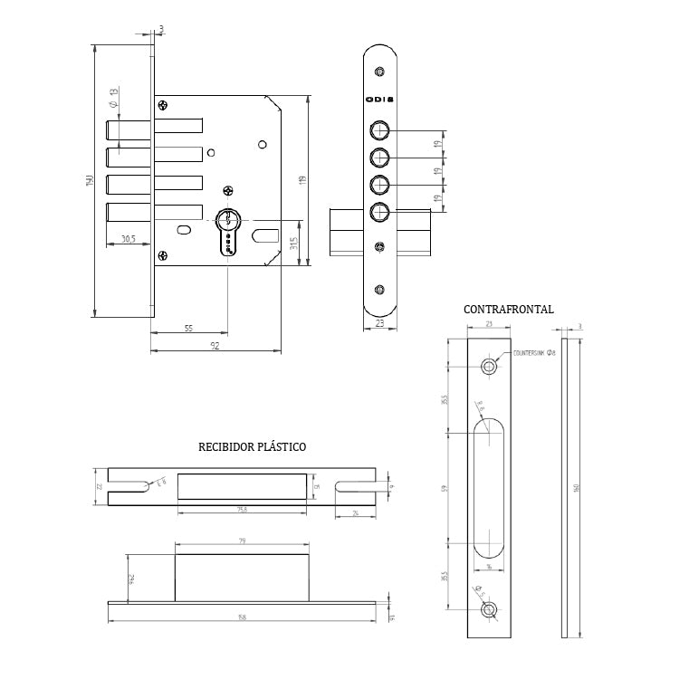 Cerrojo Embutir Odis 600 Llave-Llave - Negro