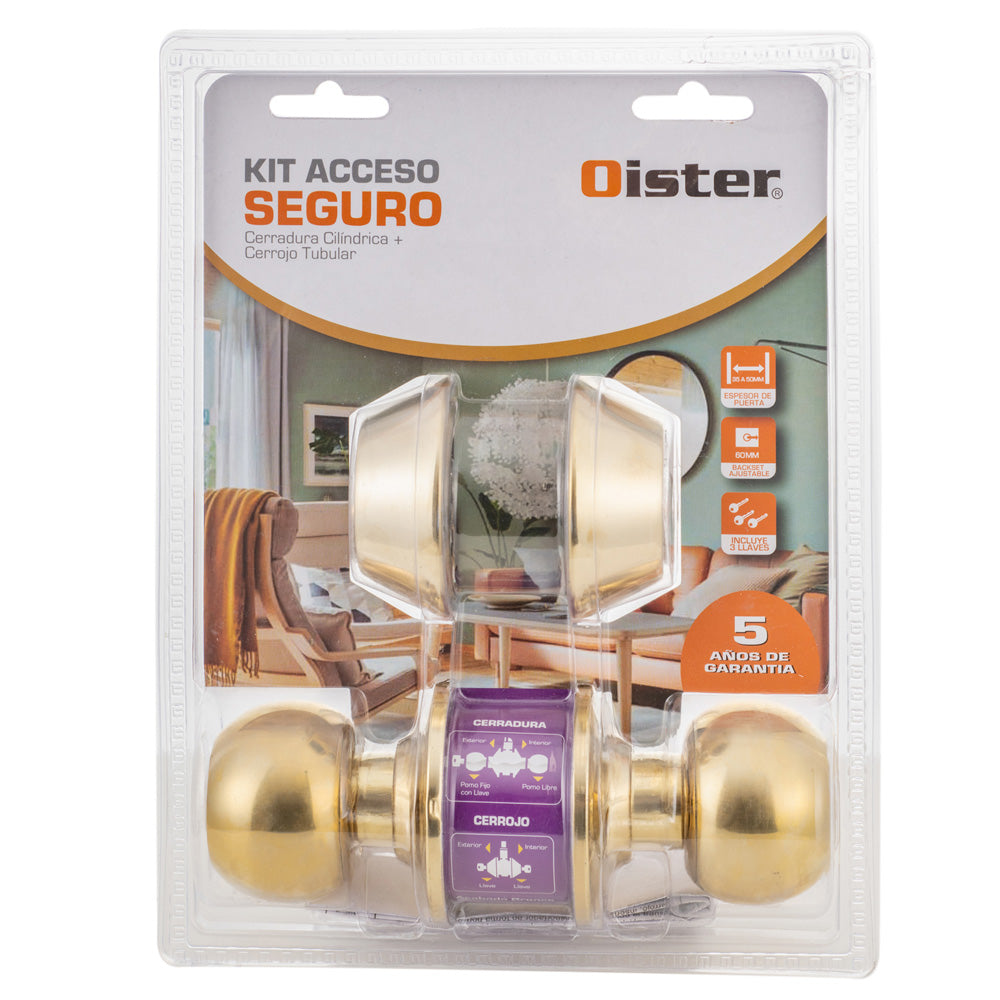 Kit Oister Igualado: Cerradura Cilíndrica Acceso + Cerrojo Tubular Llave-Llave