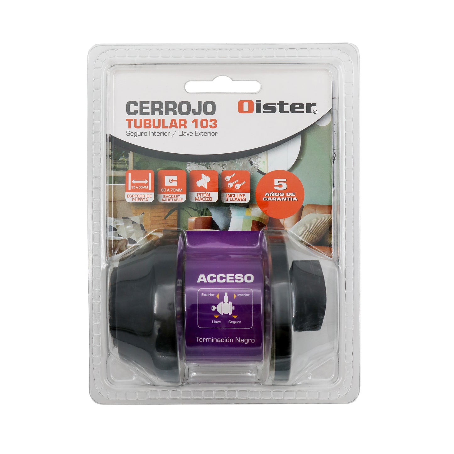 Cerrojo Tubular Oister 103 Llave-Seguro - Negro