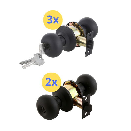 Pack Odis Cilíndrica 206 Negro: 3 Cerraduras Dormitorio + 2 Cerraduras Baño