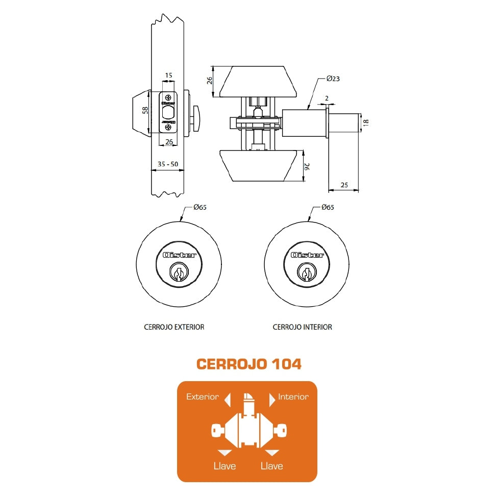 Cerrojo Tubular Oister 104 Llave-Llave