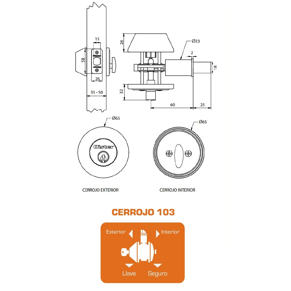 Cerrojo Tubular Oister 103 Llave-Seguro