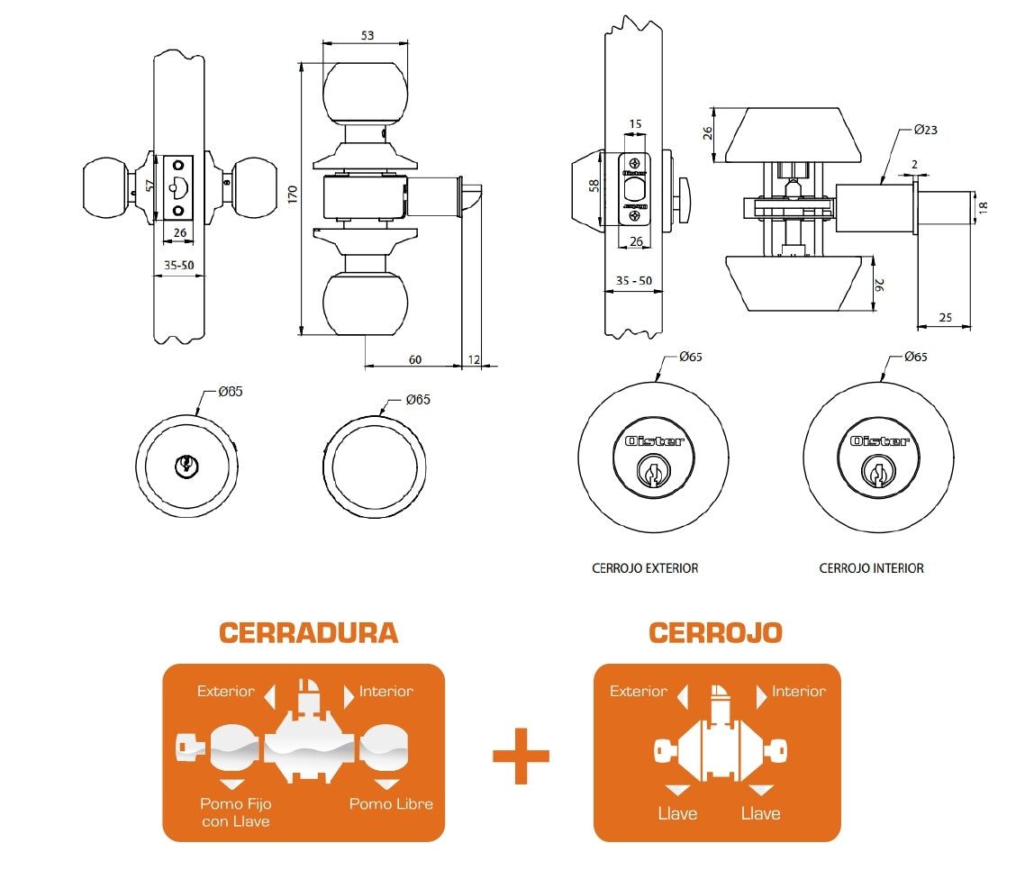 Kit Oister Igualado: Cerradura Cilíndrica Acceso + Cerrojo Tubular Llave-Llave