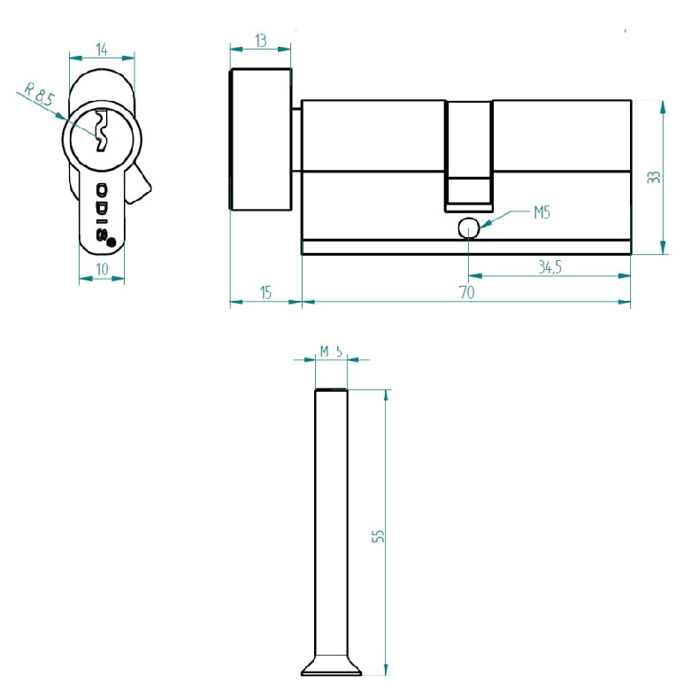 Cilindro Odis Llave-Seguro 70mm - Niquél Satinado